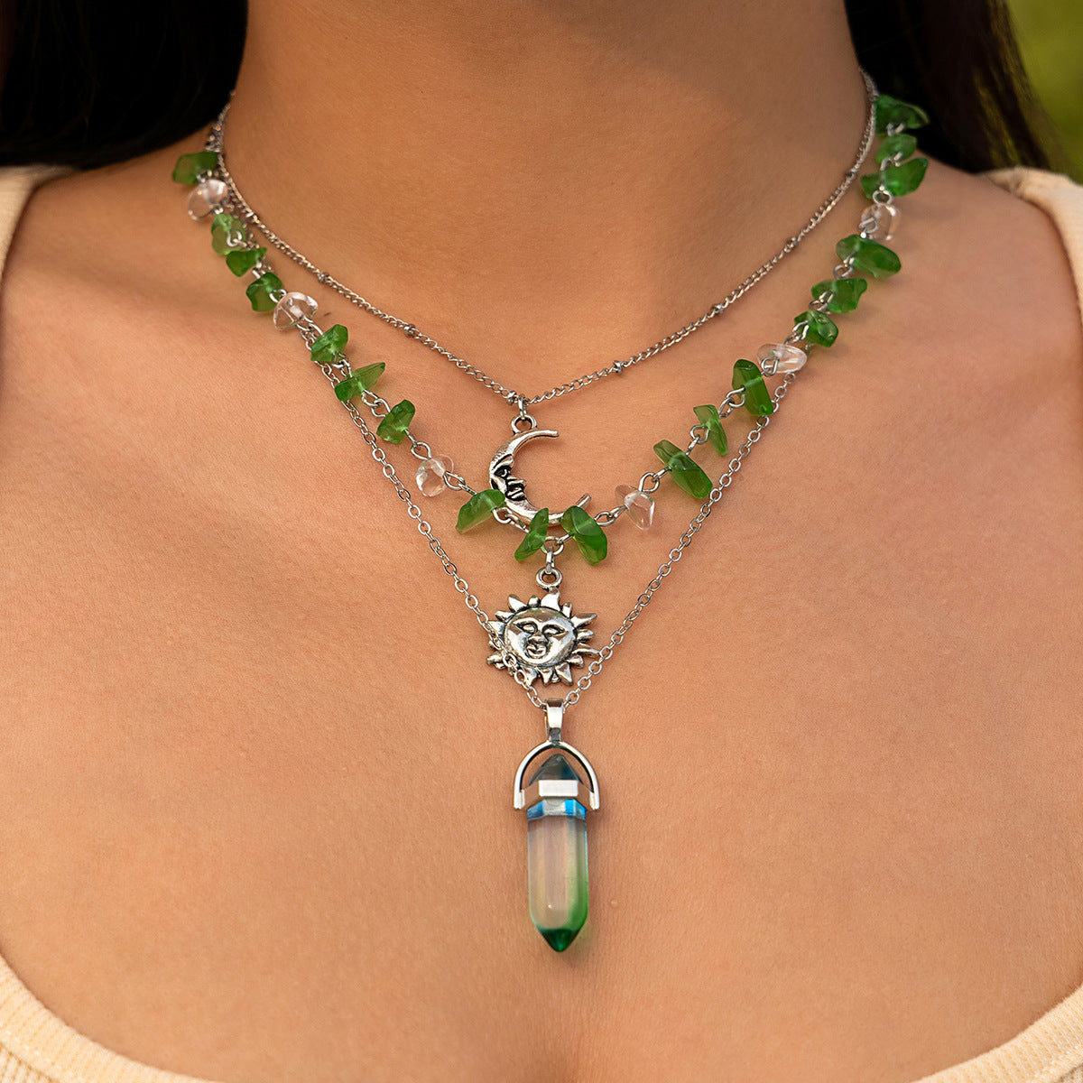 Natural Stone Bead Tassel Ethnic Style Layered Flower and Leaf necklace
