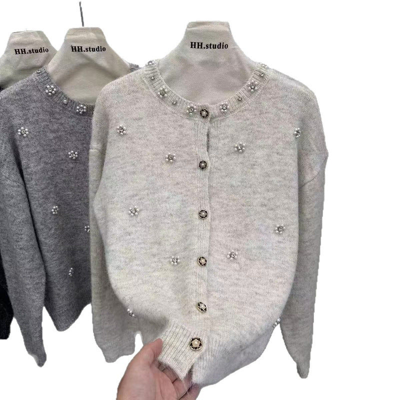 Heavy Beaded Tweed Knit Cardigan Sweater