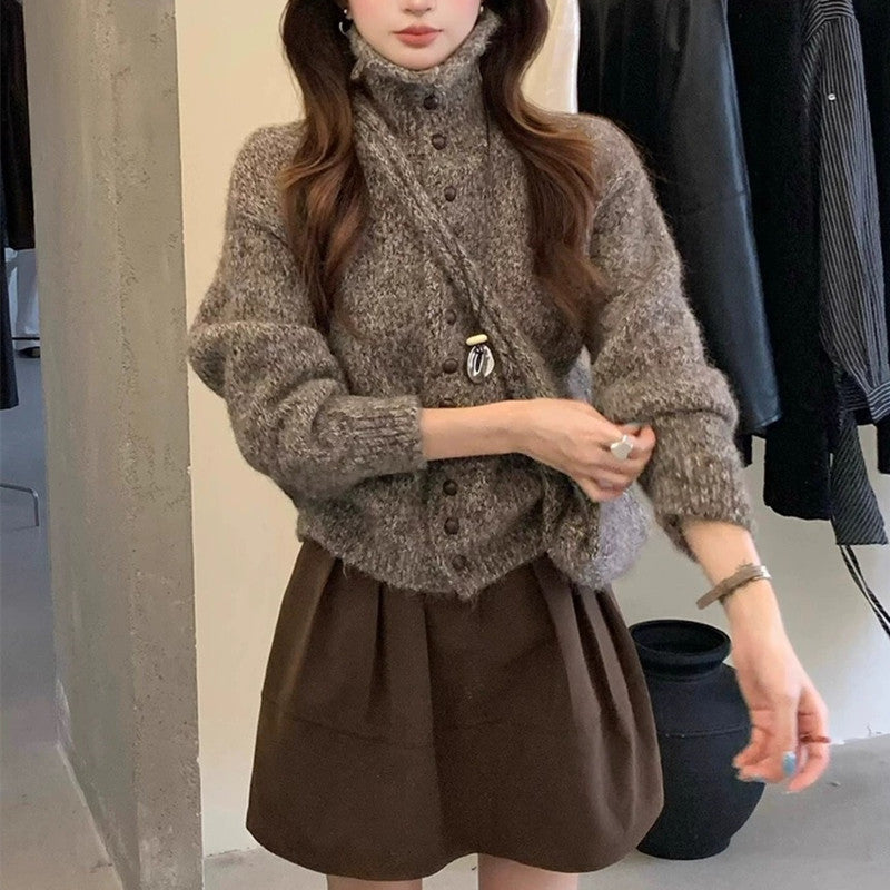 High Neck Knit Cardigan Soft Loose Sweater Coat Top