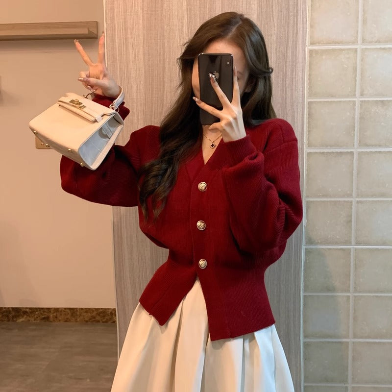 Cherry Red Knit Cardigan Sweater