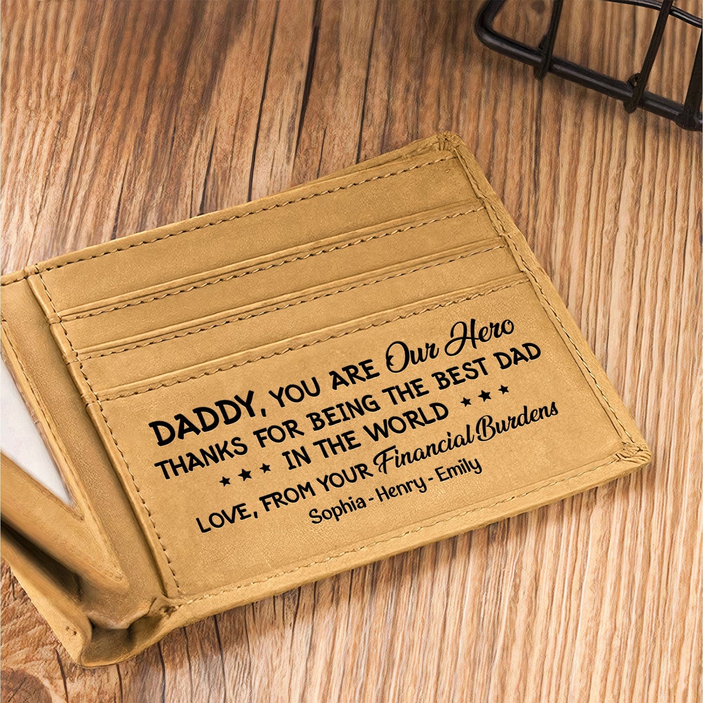 Personalized "Best Dad Ever" wallet with engraved message and card slots.