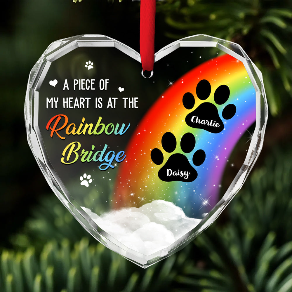 Personalized glass heart ornament with rainbow bridge design, paw prints, and custom names