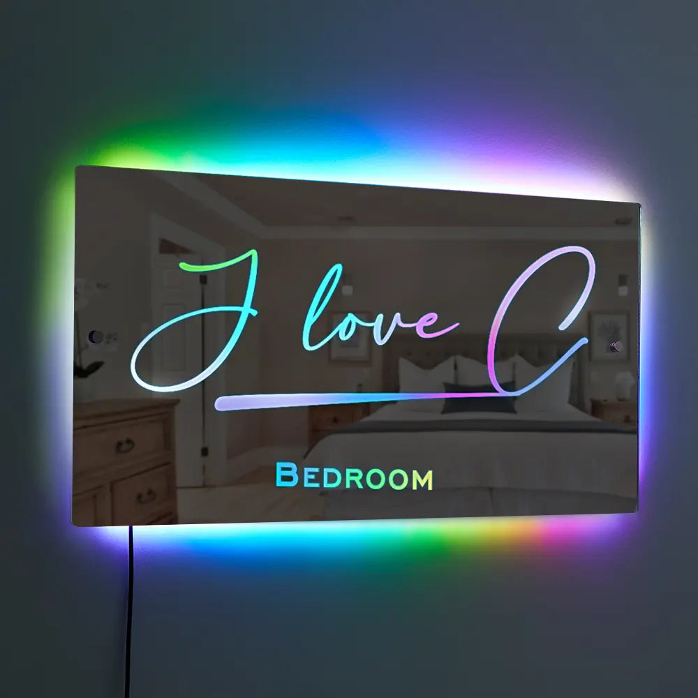 Personalised LED Name Mirror with 'I love C' design and color-changing lights, perfect bedroom decor