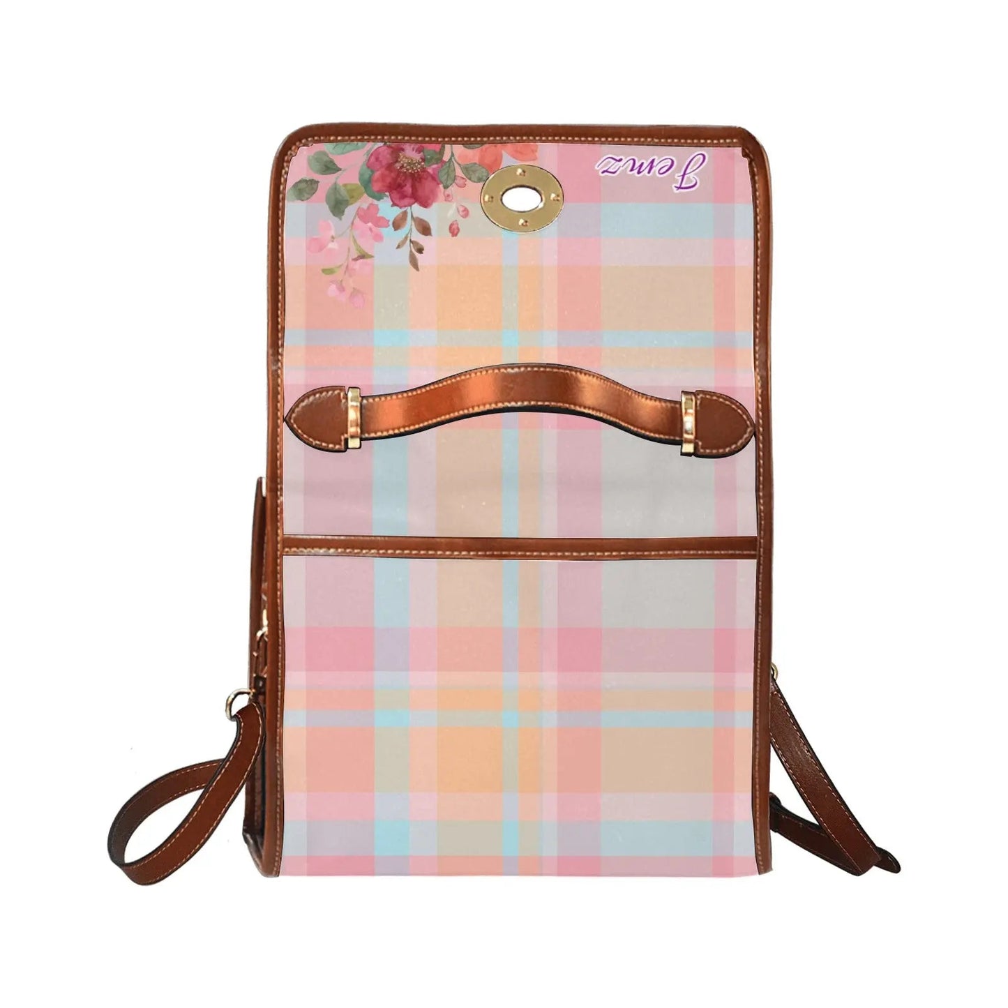 Personalized Waterproof Canvas Shoulder Strap Bag Tartan Flower Design - Piryoung Shop