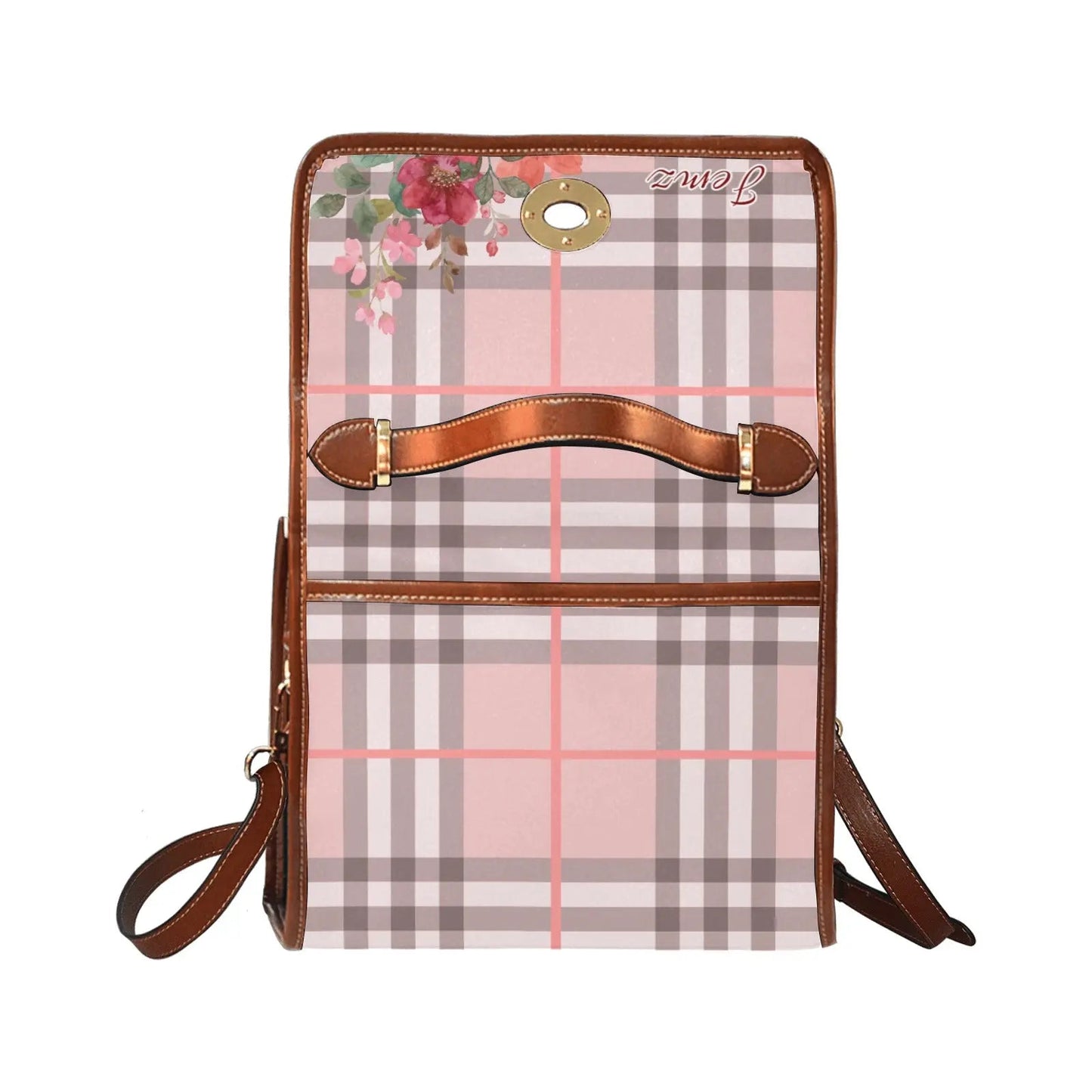 Personalized Waterproof Canvas Shoulder Strap Bag Tartan Flower Design - Piryoung Shop