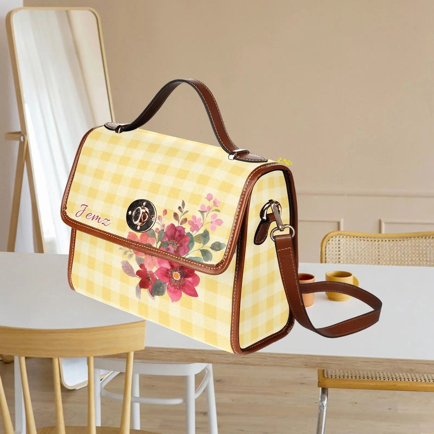 Personalized Waterproof Canvas Shoulder Strap Bag Tartan Flower Design - Piryoung Shop