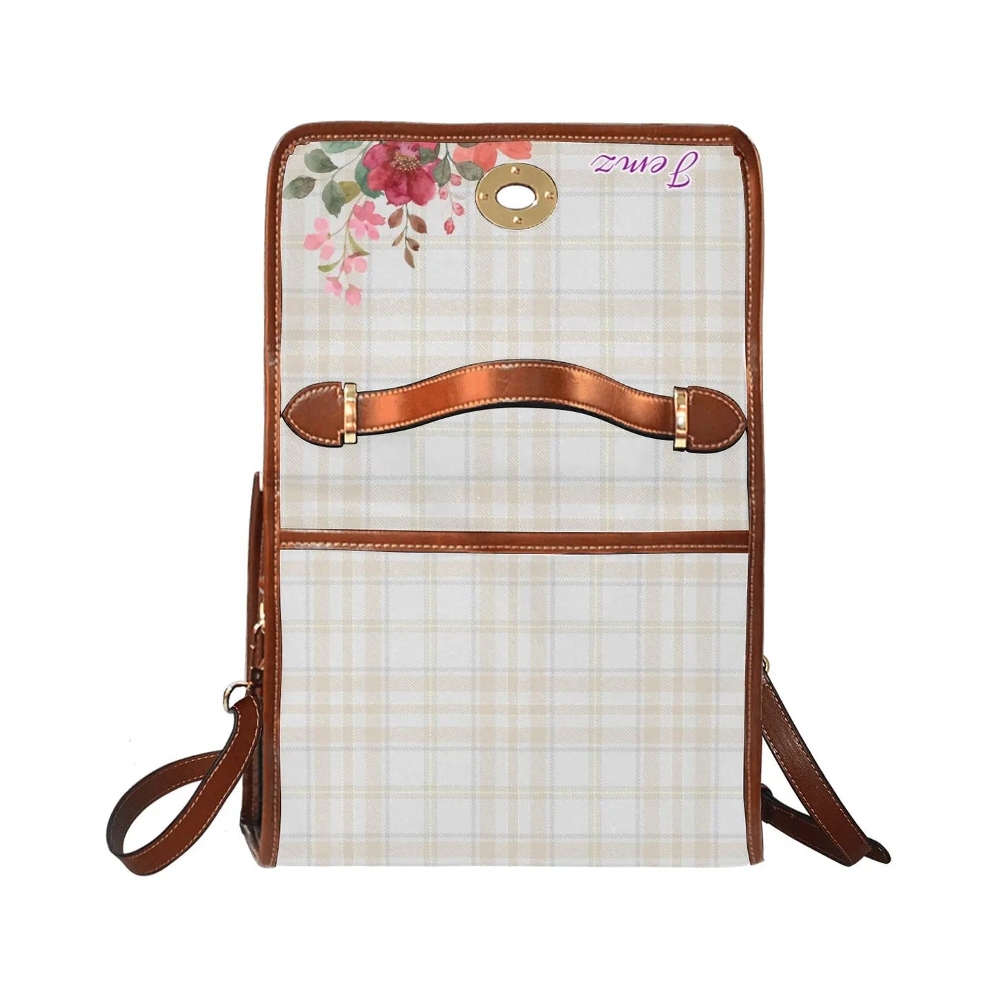 Personalized Waterproof Canvas Shoulder Strap Bag Tartan Flower Design - Piryoung Shop