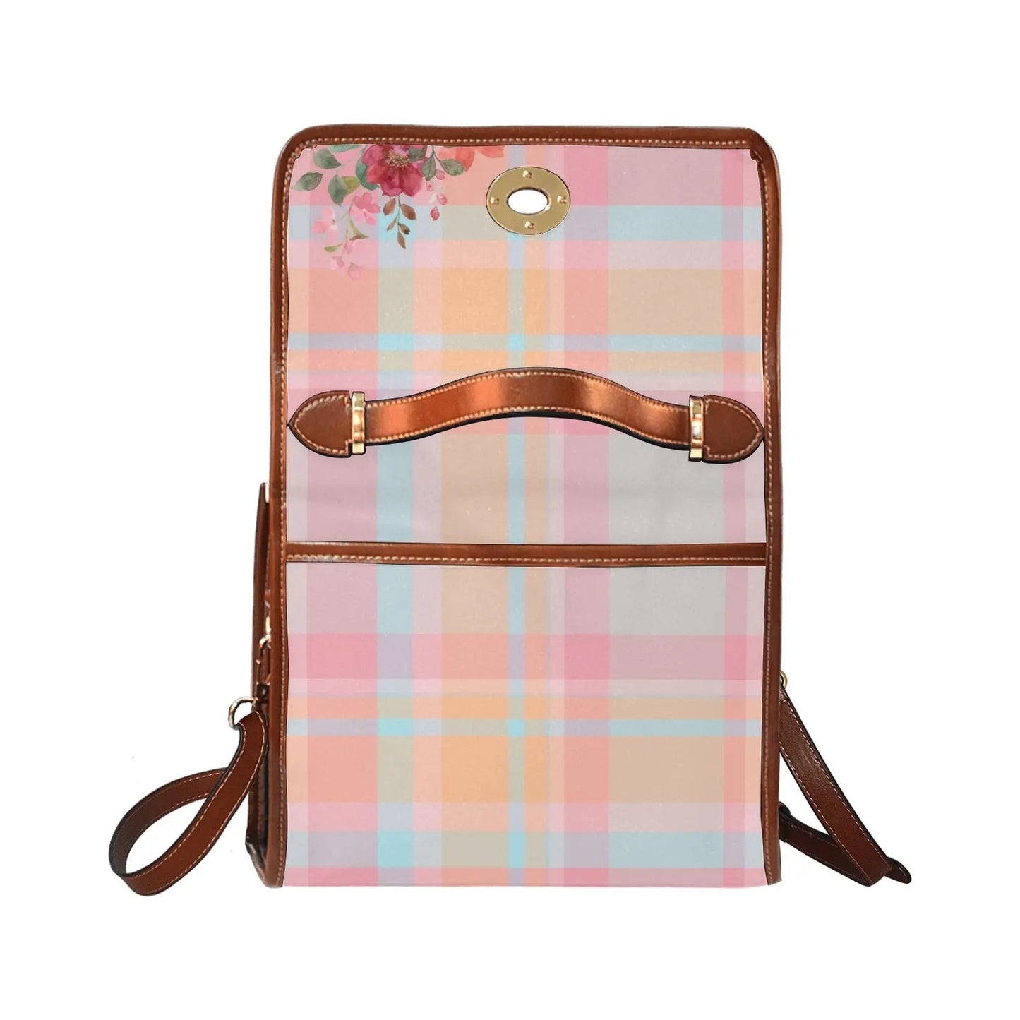 Personalized Waterproof Canvas Shoulder Strap Bag Tartan Pink Flower - Piryoung Shop