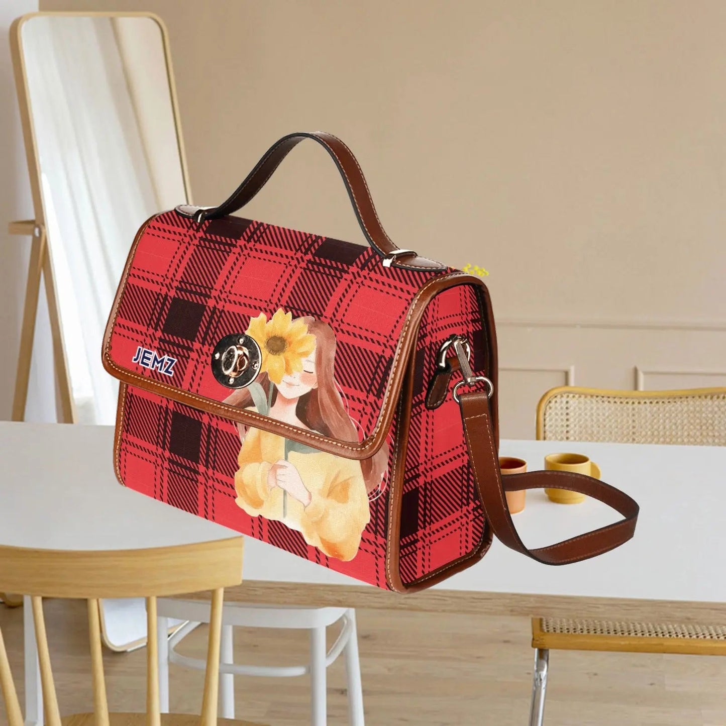 Personalized Waterproof Canvas Shoulder Strap Bag Tartan Red Sunflower Girl - Piryoung Shop
