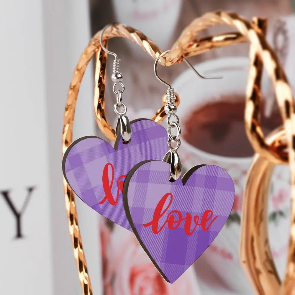 Tartan Wooden Heart Love Earring - Piryoung Shop