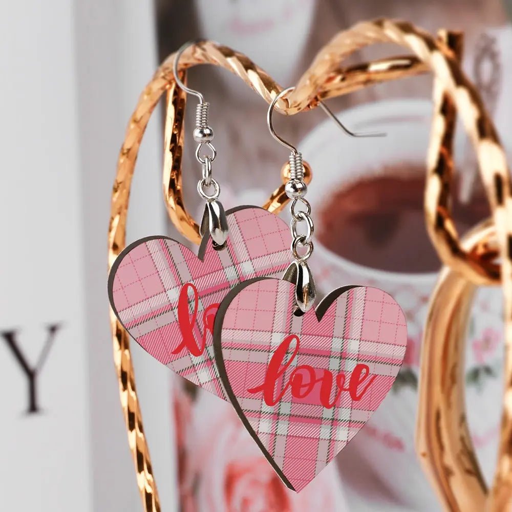Tartan Wooden Heart Love Earring - Piryoung Shop
