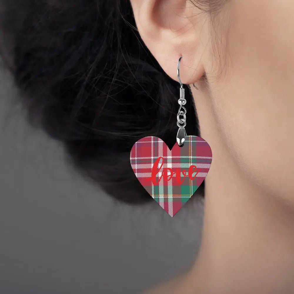 Tartan Wooden Heart Love Earring - Piryoung Shop