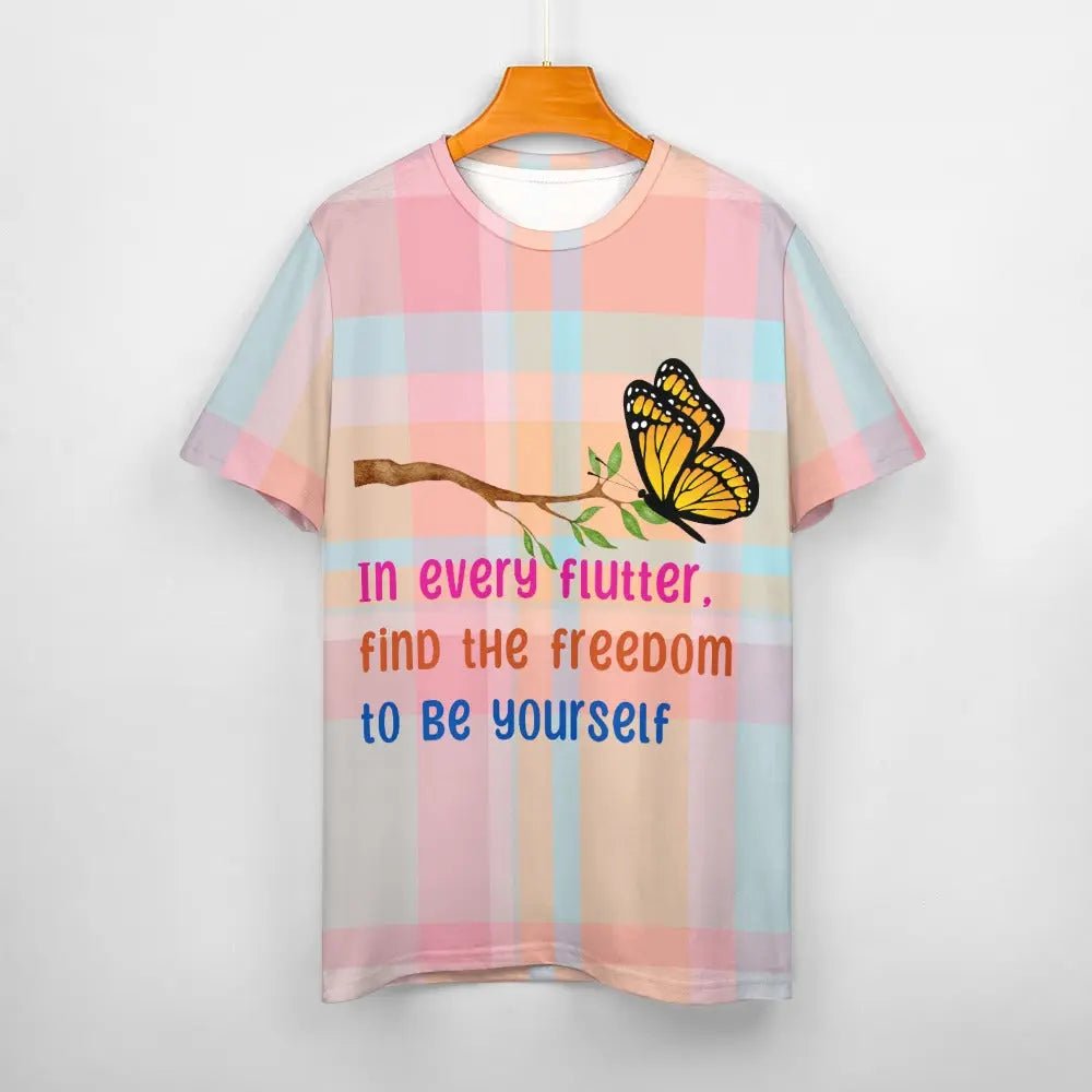 Women's Cotton Tartan Pink T-Shirt - Butterfly Design - Piryoung Shop