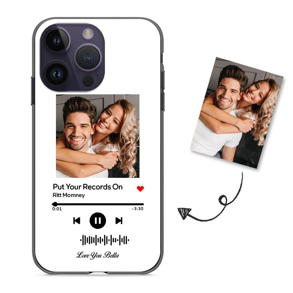 White iPhone case with couple photo and 'Put Your Records On' music code.
