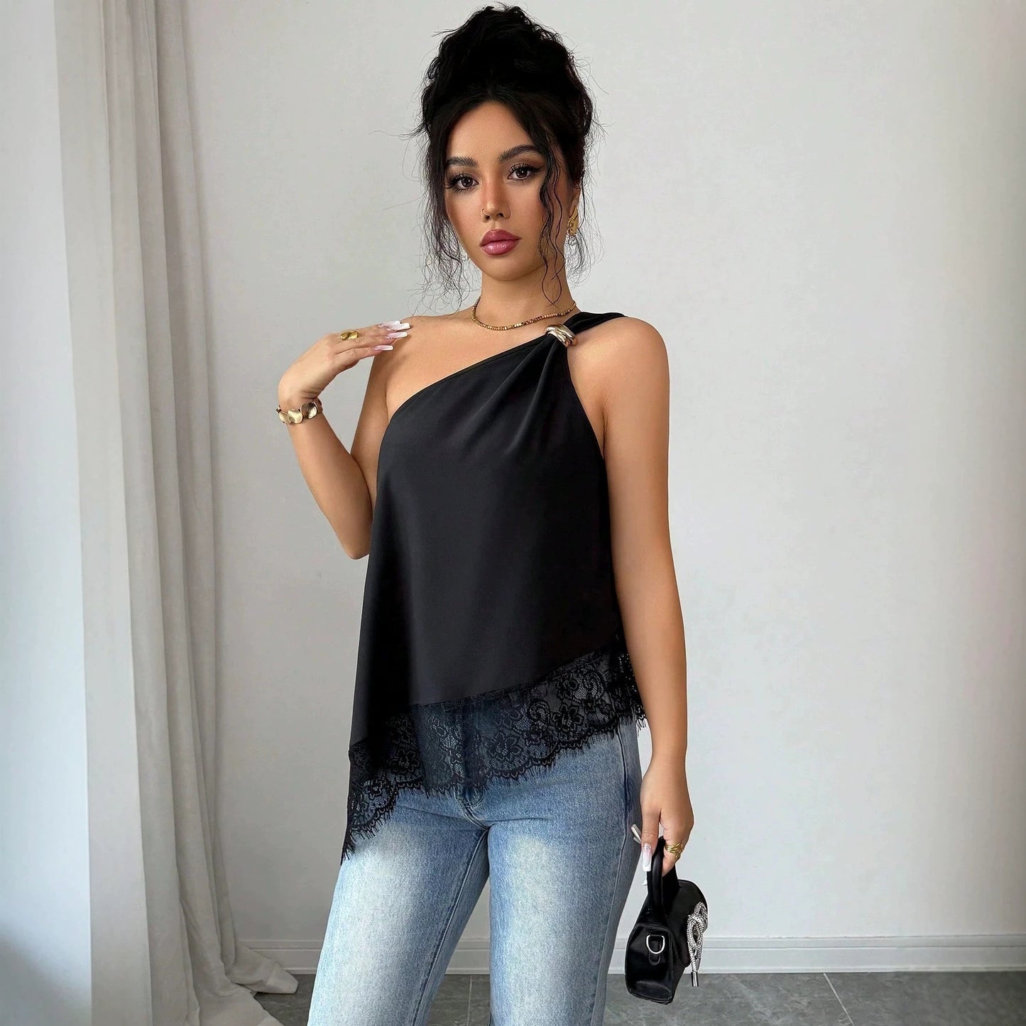 Slanted Shoulder Metal Buckle Lace Loose Top