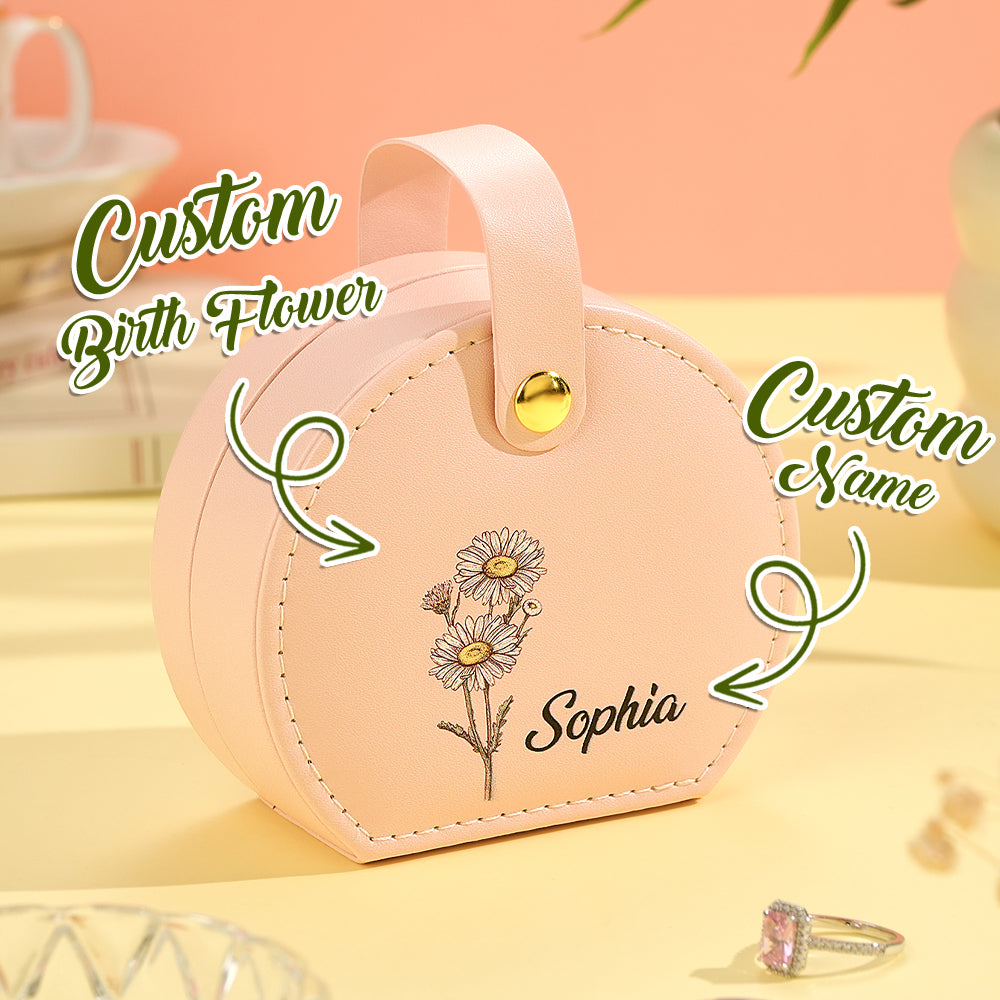 Personalized pink PU leather jewelry box with birth flower, custom name Sophia, and handle, ideal birthday gift for her.