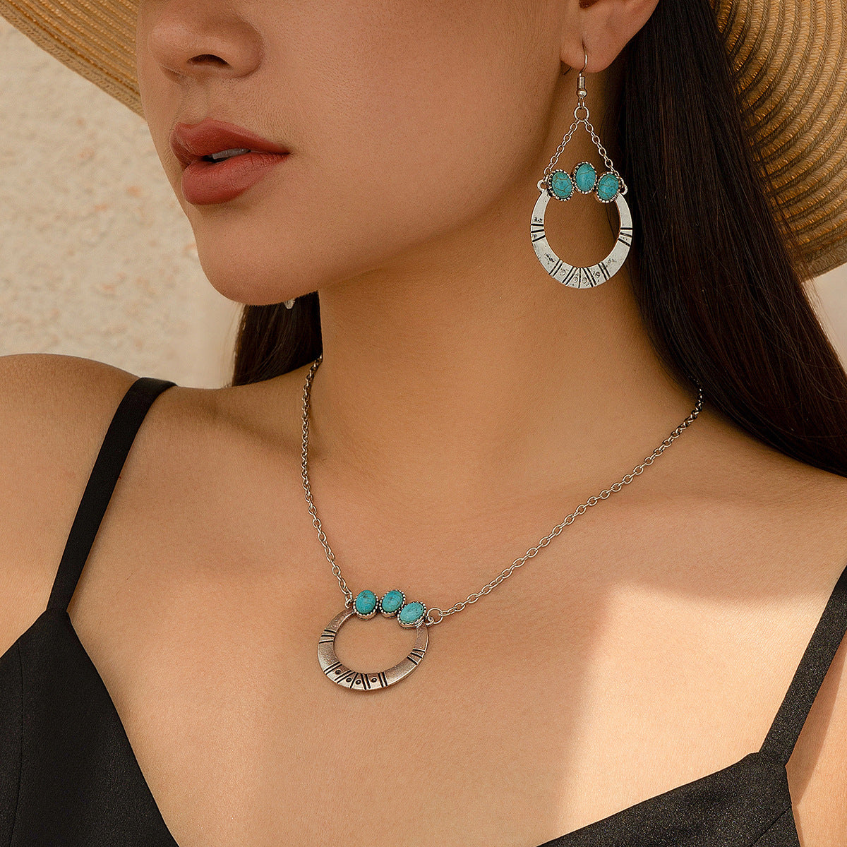 Natural Stone Coconut Tree Necklace and Earing