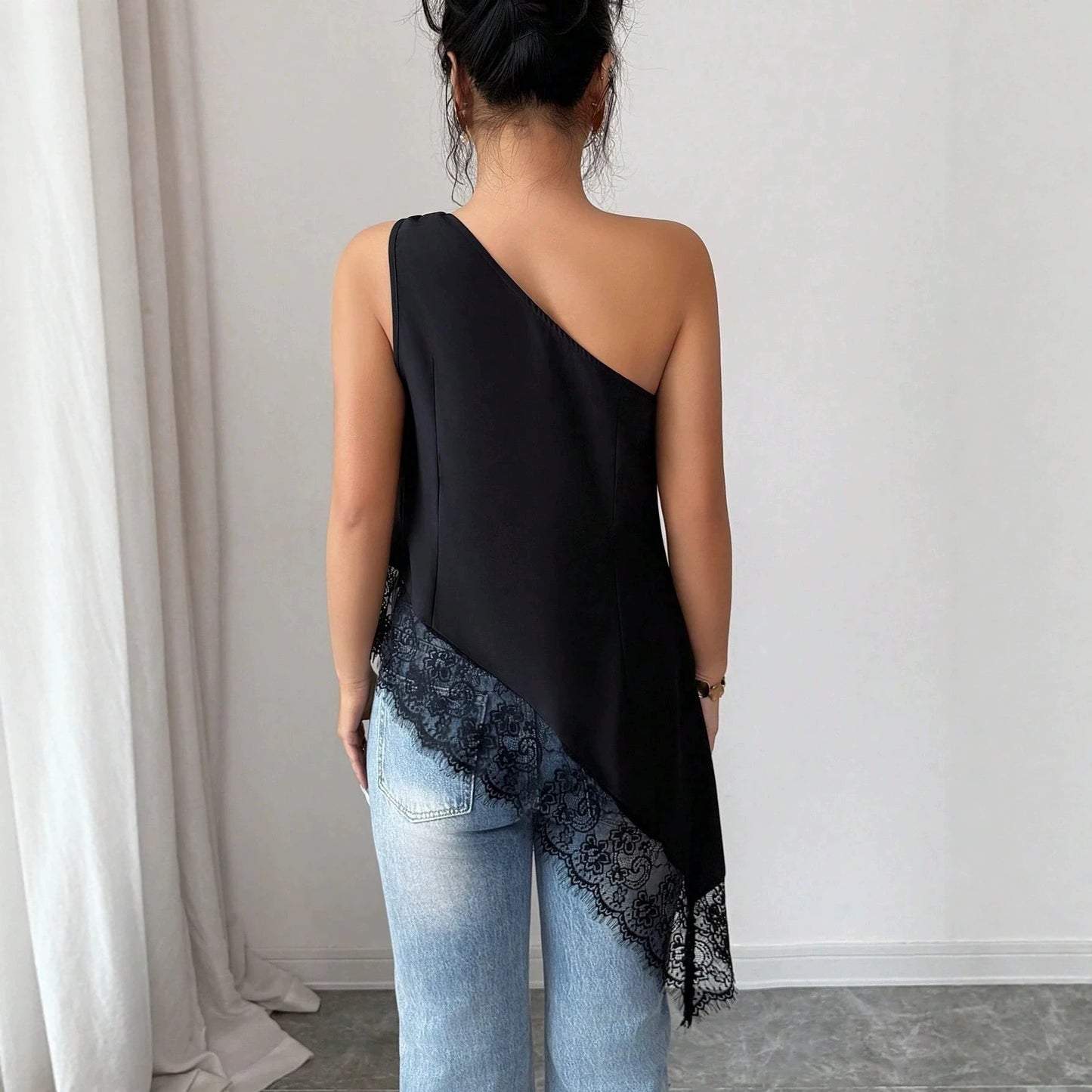 Slanted Shoulder Metal Buckle Lace Loose Top
