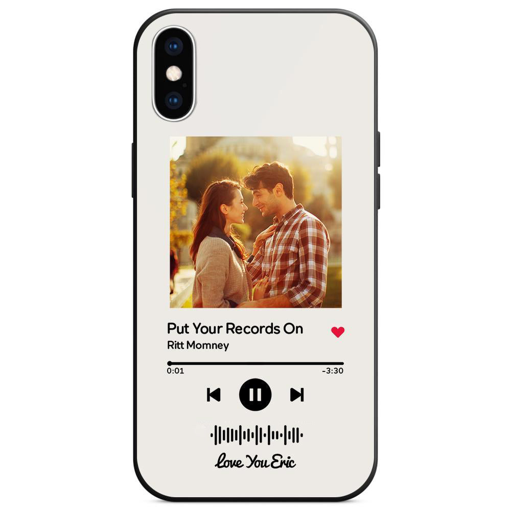 Custom white glass iPhone case with couple photo, scannable music code, song: Put Your Records On, personalized gift