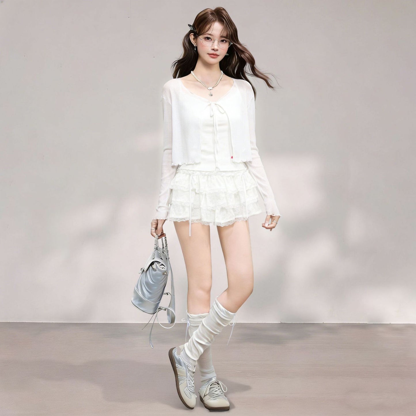 Long Sleeve Cardigan with Strap Dress and Ruffles