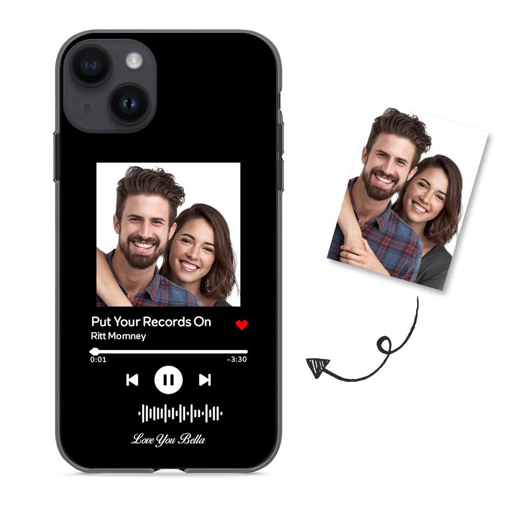 Custom black glass iPhone case with couple photo and "Put Your Records On" music code. Personalized gift.