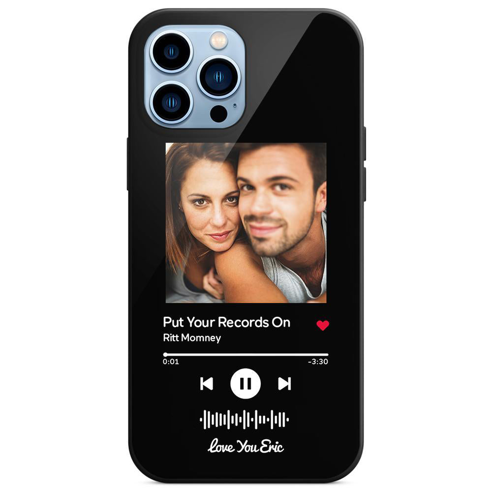 Custom black glass iPhone case with couple's photo and scannable music code. A personalized music gift.