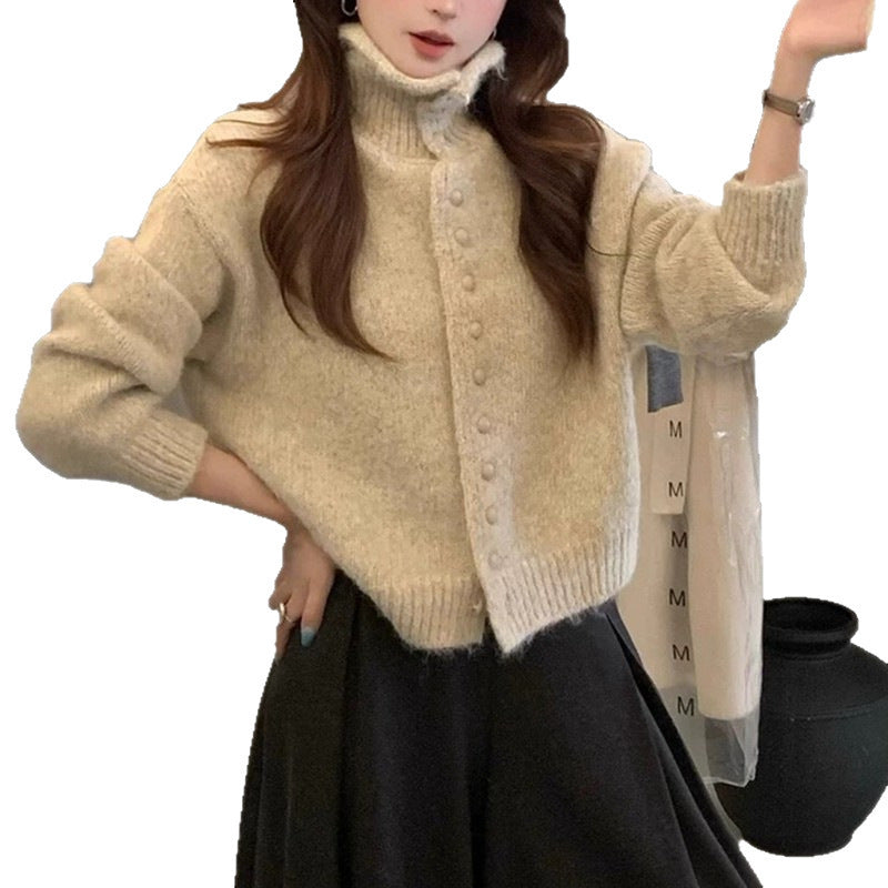 High Neck Knit Cardigan Soft Loose Sweater Coat Top