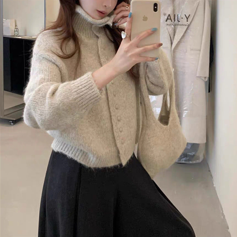 High Neck Knit Cardigan Soft Loose Sweater Coat Top