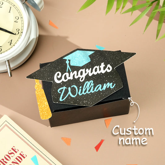Personalized graduation money gift box with 'Congrats William', graduation cap design.