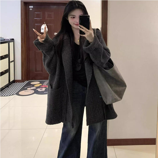 Collar Hooded Knit Cardigan Sweater