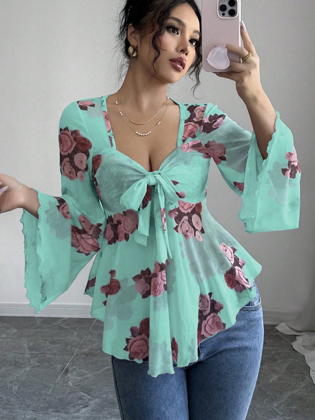 Sweet Floral Ombre Tie-Back Square Neck Long Sleeve Blouse