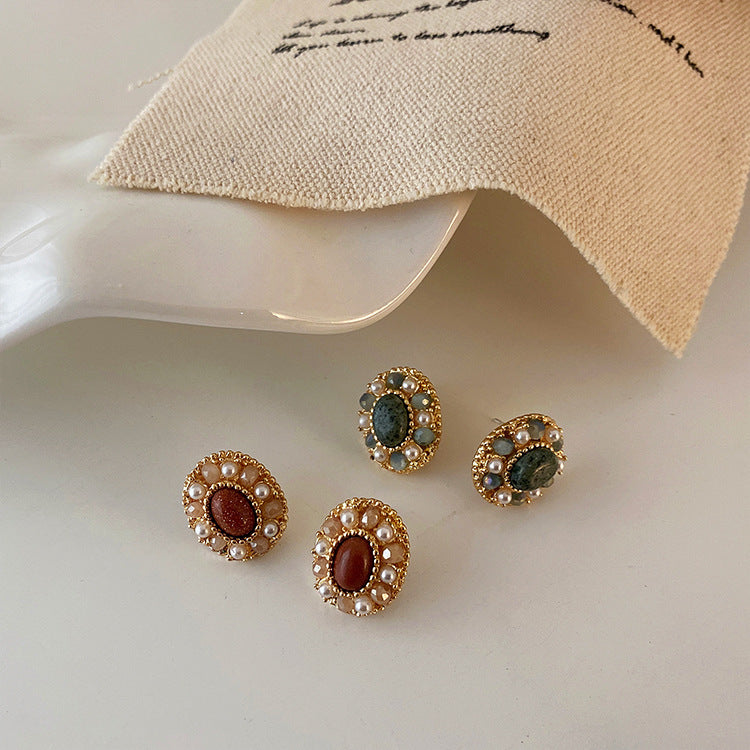 Natural Stone Crystal Pearl Stud Earrings
