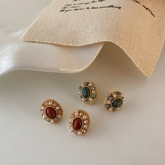 Natural Stone Crystal Pearl Stud Earrings
