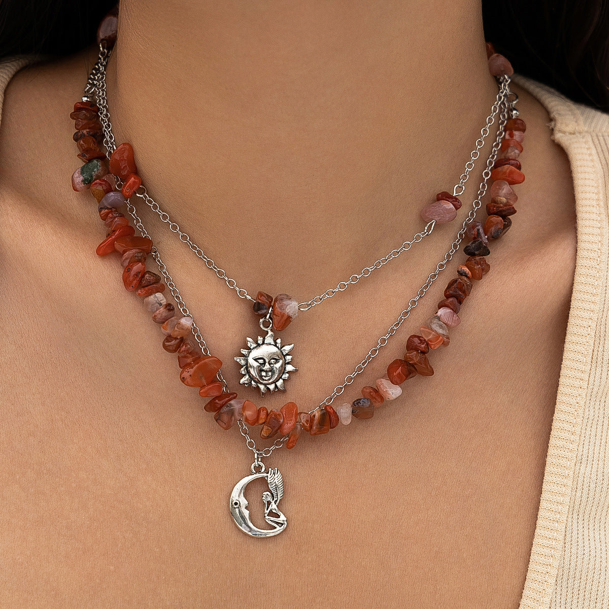 Natural Stone Bead Tassel Ethnic Style Layered Flower and Leaf necklace