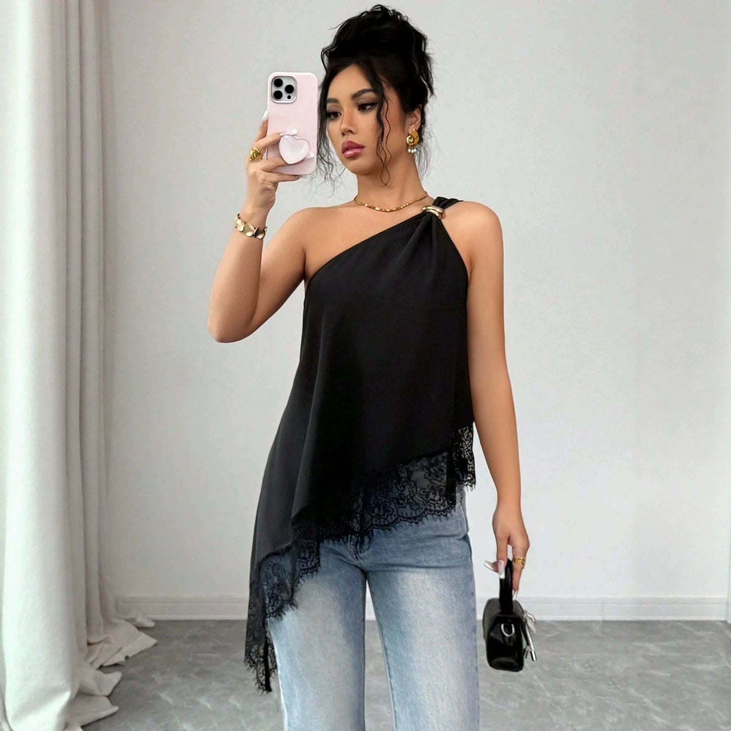Slanted Shoulder Metal Buckle Lace Loose Top