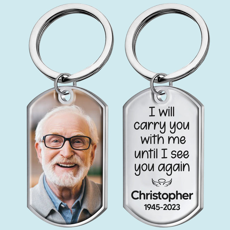 Personalized photo memorial keychain with engraved message and name, stainless steel sympathy gift.