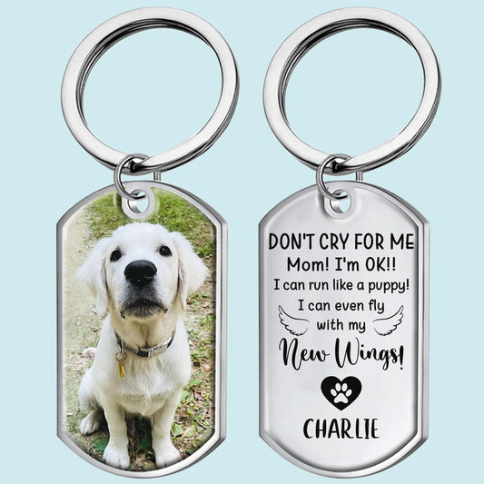 Customizable stainless steel keychain with a printed dog image and engraved memorial quote