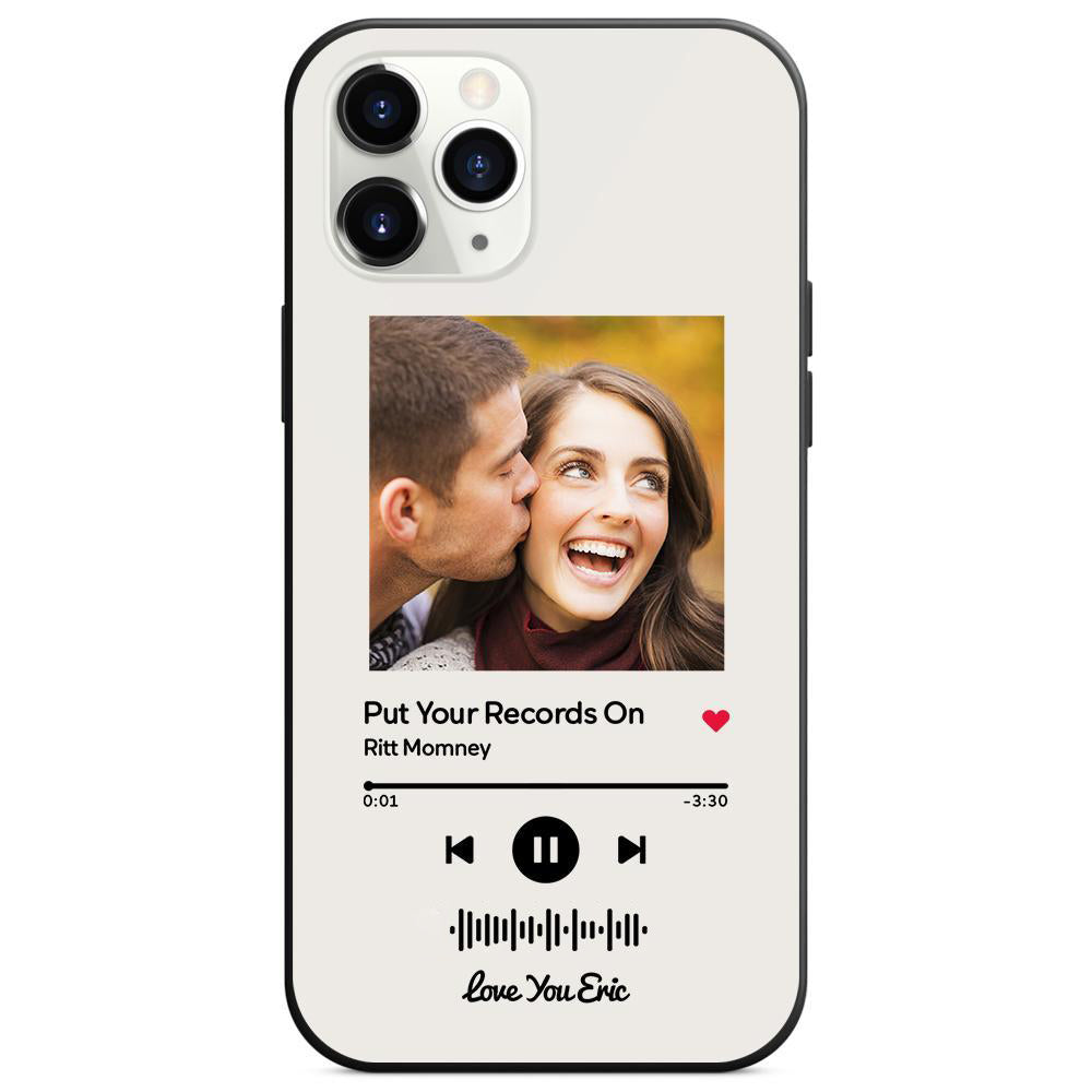 Custom white glass iPhone case with couple photo, scannable music code, song: Put Your Records On, personalized gift.