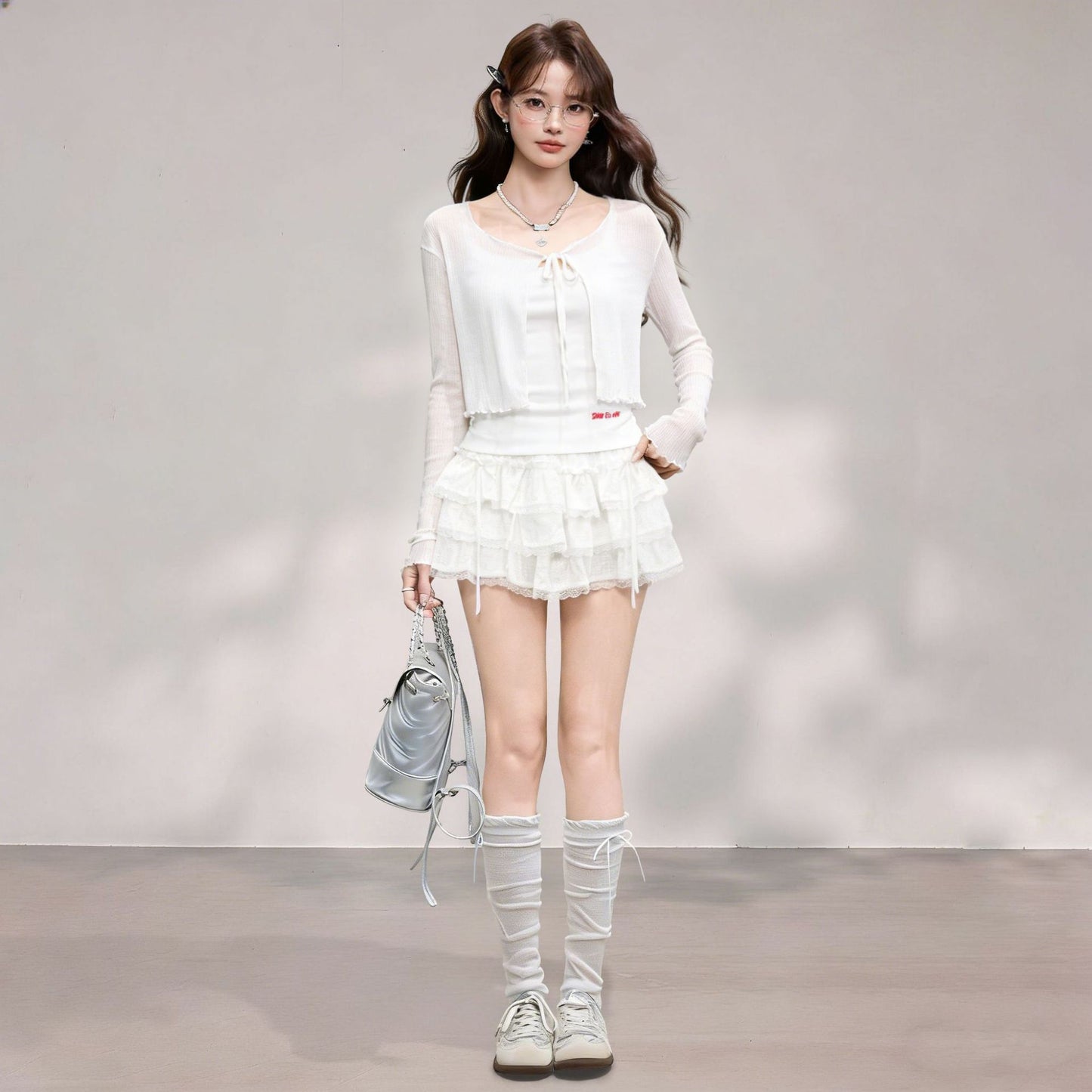 Long Sleeve Cardigan with Strap Dress and Ruffles