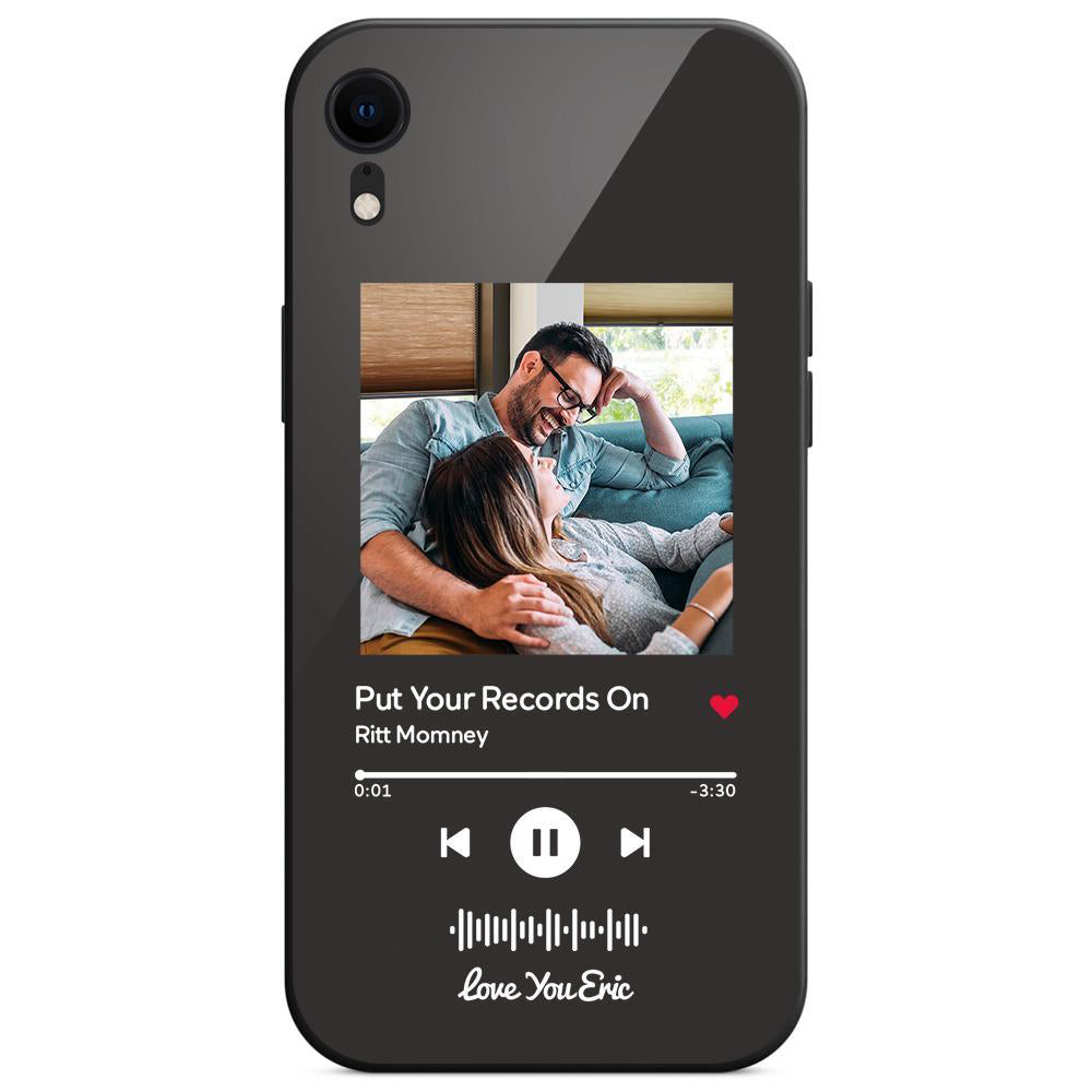 Custom black glass iPhone case with couple photo and scannable music code. Personalized music gift.