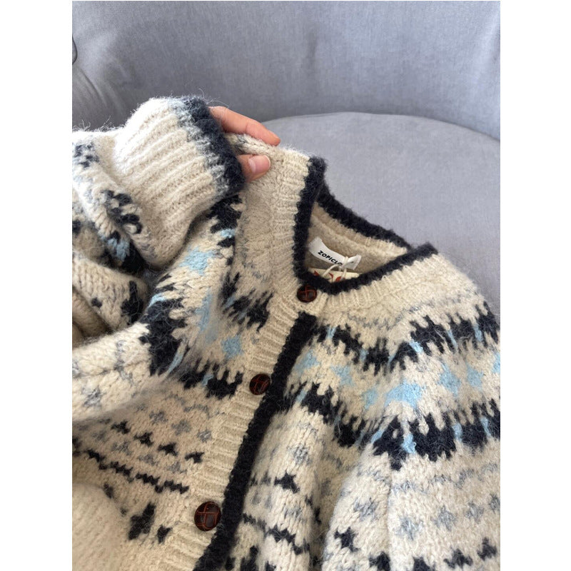 Vintage Jacquard Round Neck Knit Cardigan Sweater