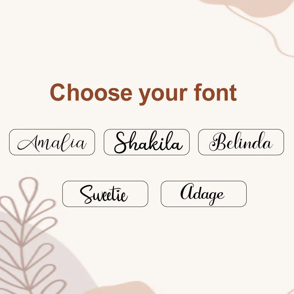 Font selection for personalized jewelry box. Choose from Aarfu, Shakila, Bokeda, Susta, Adoge styles.