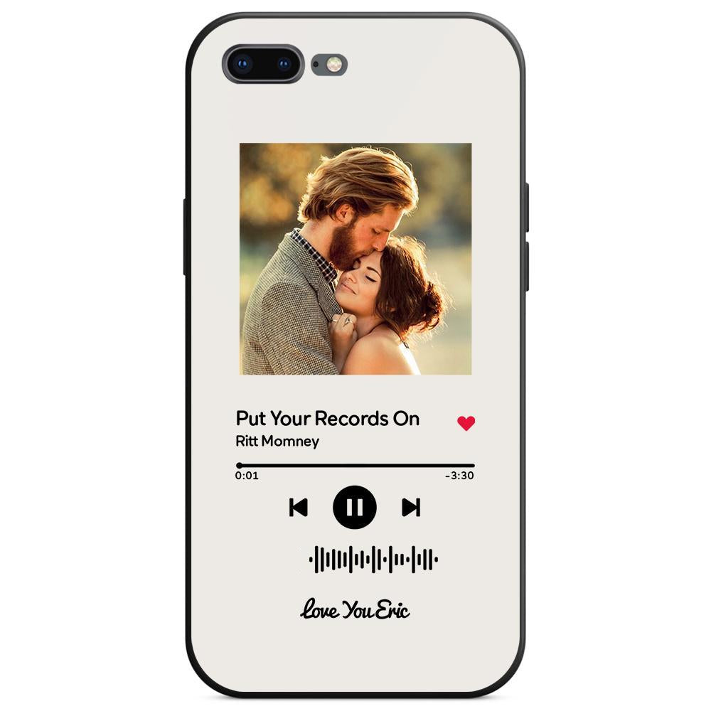 Custom white glass iPhone case with couple photo and "Put Your Records On" music code for iPhone