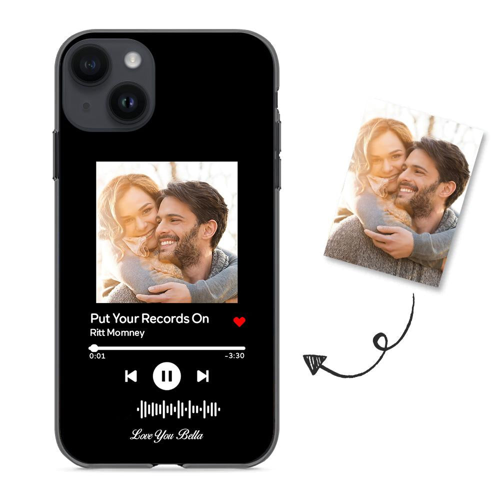 Custom black iPhone case with couple photo and "Put Your Records On" music code. Personalized music gift.
