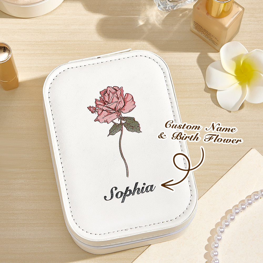 Personalized birth flower PU leather jewelry box with 'Sophia' name engraving, ideal birthday gift for her