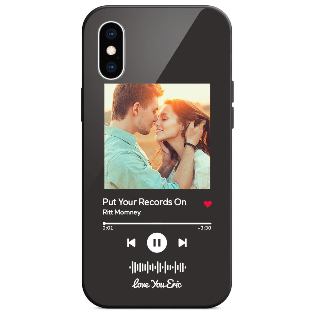 Custom black glass iPhone case with couple photo and scannable music code for iPhone. Personalized music gift.