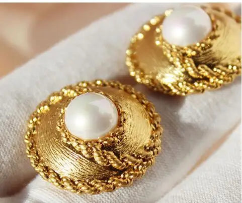 Brass Retro Natural Stone Pearl Earrings