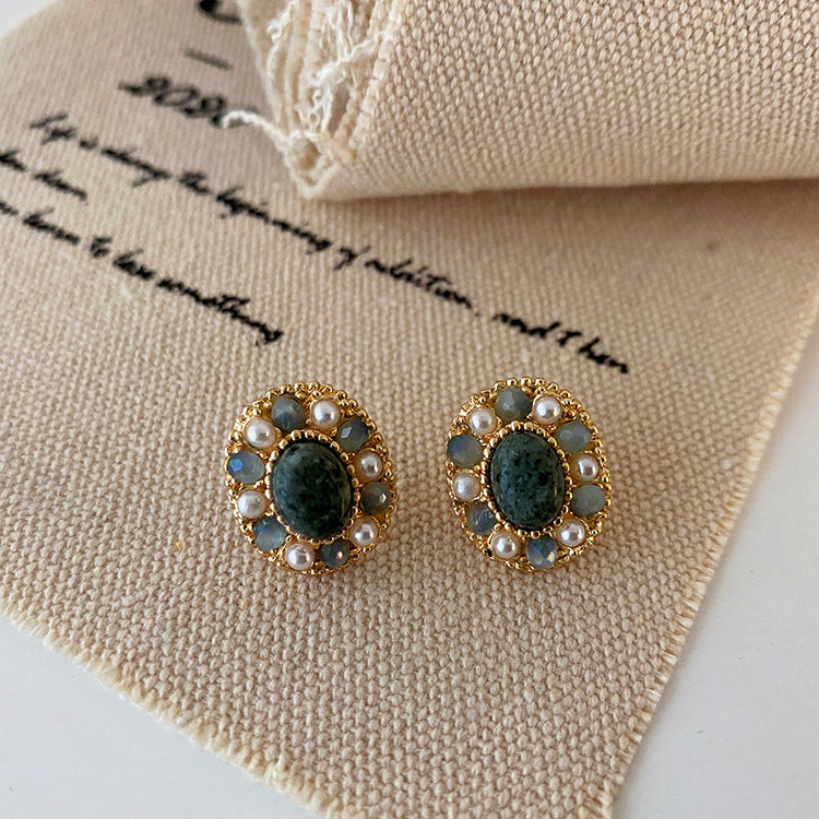 Natural Stone Crystal Pearl Stud Earrings