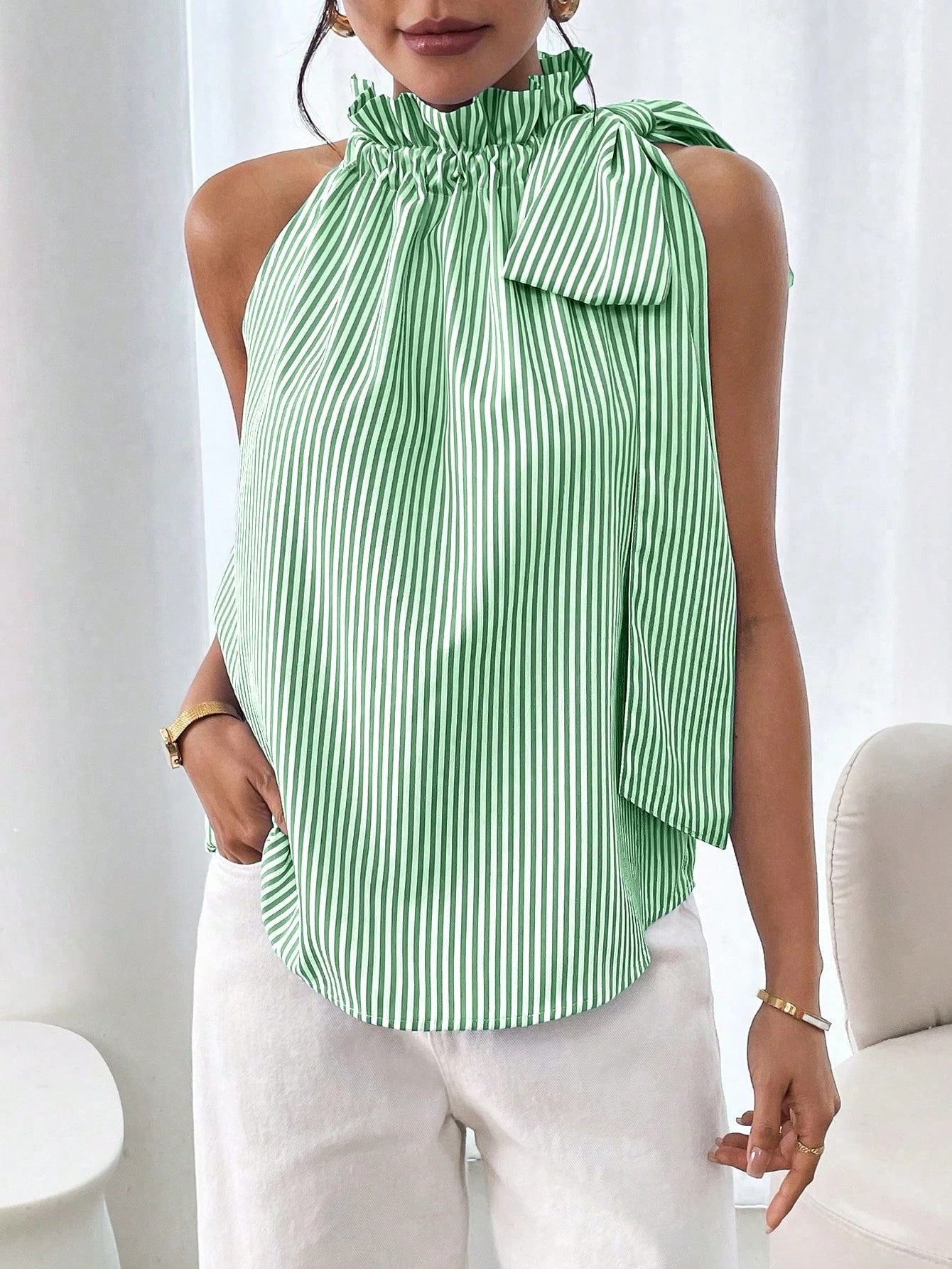 Fashionable Casual Sleeveless Striped Lace Trim High Neck Tie Knot Top