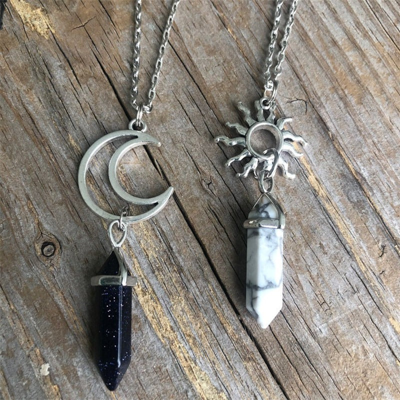 Natural Stone Sun and Moon Necklace 2PCS Set